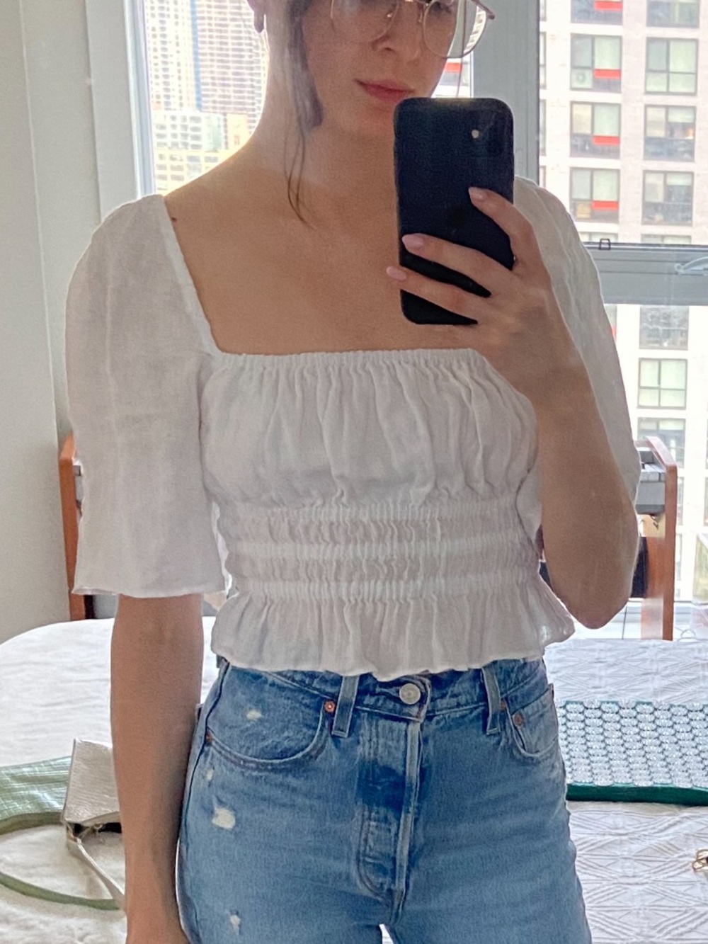 Zara 100% Linen White Puff Sleeve Blouse